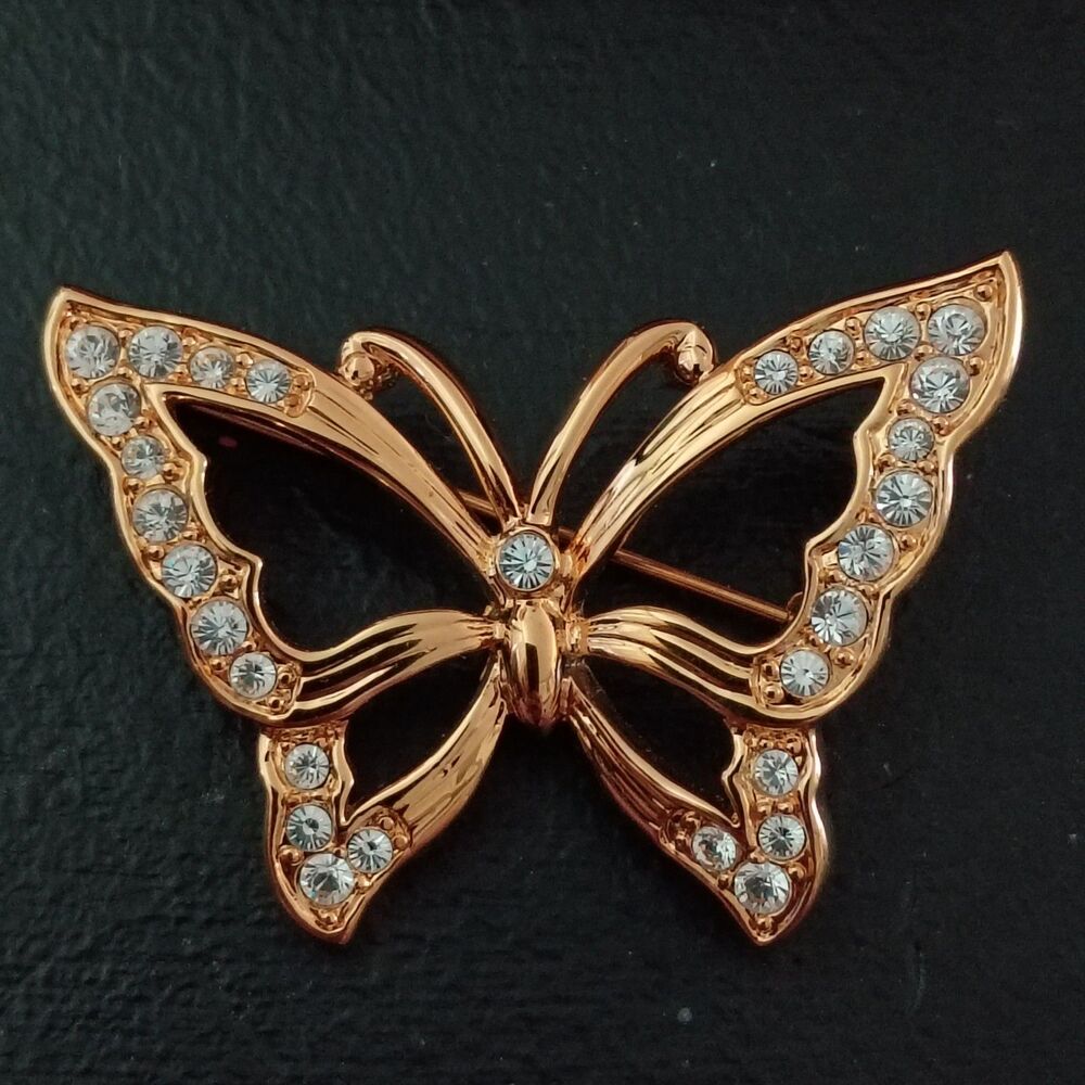 Vintage Monet Butterfly Brooch Rhinestones Gold-Tone Metal Pin with Box